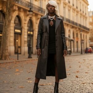 J.S Internatinal Y2K Black  Leather Double Breasted Long Trench   Grunge Coat S